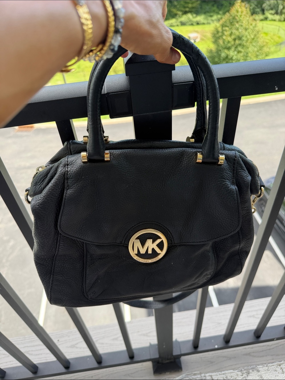 Michael Kors Black Leather Satchel with Gold MK Emblem